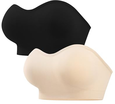 ANGOOL Strapless Bras for Women Wirefree Non-Slip Tube Top Invisible Bralette Seamless Padded Bandeau Bra, Black+Beige, L