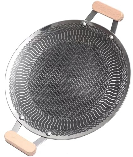 Hgjgwqh Nonstick Round Baking Pan, Stainless Steel Grill Pan with Wooden Handle, Round Korean Style Stovetop Stewpot Cooking Skillet Cookware for Indoor Outdoor Camping BBQ Grill Pan,13.4inch