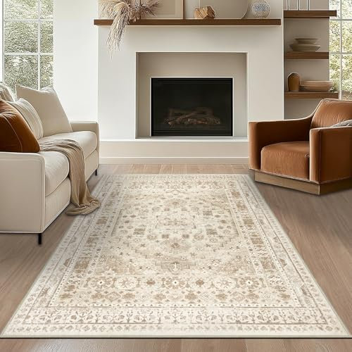 Capslpad alfombra vintage beige salón 120x180 cm retro antideslizante pelo corto lana sintética lavable suave dormitorio oficina comedor