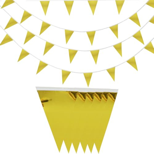 Guirlande Fanion Doré 4 Pièces - 12M Nouvel an Fanion Anniversaire Metallic Exterieur Guirlande pour New Year 2026 Rentrée des Classes Retraite Banderole Chambre Enfant Garden Fête Décoration