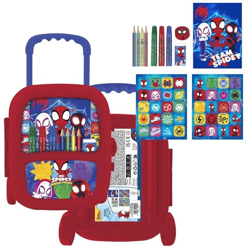 Spidey Trolley färgbara brevpapper set – Skolkit för barn med hjul och tillbehör från Spidey och vänner | Inkluderar klistermärken, färger och aktiviteter