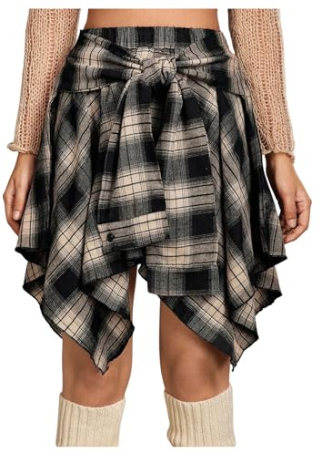 GORGLITTER Women's Plaid A Line Flowy Short Skirts High Waisted Asymmetrical Tie Knot Streetwear Skirt Black Small