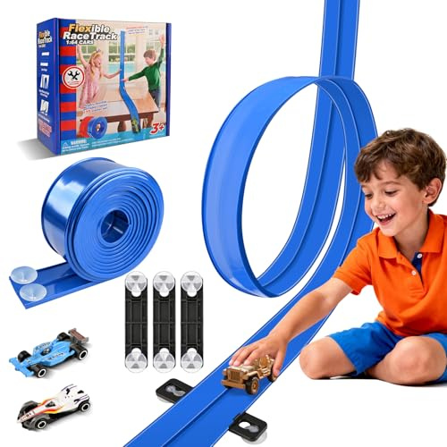 Flexible Race Car Track for Kids, 15Ft Race Track Toy with Suction Cups & 2 Alloy Cars & 3 Anchors, Compatible with Hot Wheels and Diecast 1/64th Cars for Ages 3 +, Rolls Up Portable Racetrack