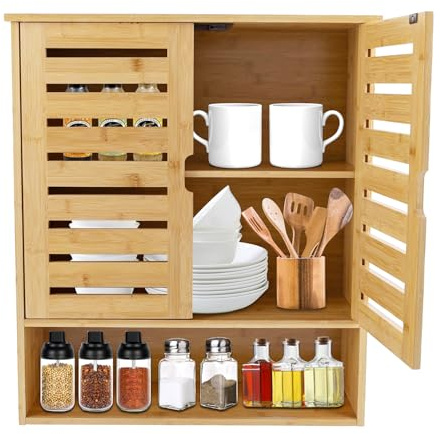 SAUADY Armario de almacenamiento de bambú moderno de pared, armario de almacenamiento de 3 niveles con puerta magnética para baño, cocina, salón, almacenamiento de cosméticos, especias, libros, 58 x