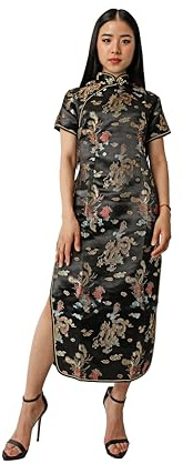 Dysmad Costumizate! Kimono o Qipao Color Negro con Manga Corta. Vestido Oriental para Mujer. (FR/ES, Letras, Talla única, Regular, Regular, M, Negro)