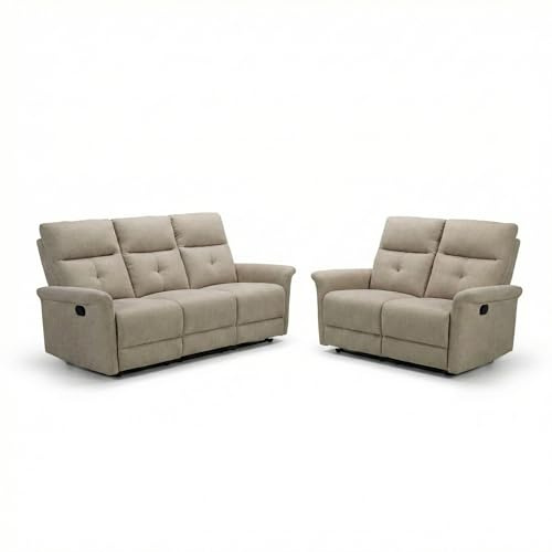 Cribel Divano 3 Posti e 2 Posti Relax Reclinabile Manuale in Tessuto Taupe, Set Salotto Moderno 189x92x100 cm e 138x92x100 cm, Sistema Comfort per Soggiorno