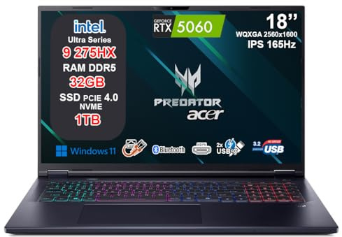 Acer Predator Helios Neo 18 AI Gaming Notebook, Intel Core Ultra 9 275HX, RTX 5060 8GB GDDR7, 32GB DDR5 6400MHz, SSD 1TB, Display 18 WQXGA IPS 165Hz, Thunderbolt 4, 2.5G LAN, Wi-Fi 6E, RGB 4 Zone