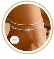 Aretas Anklets for Women, 925 Sterling Silver Ankle Layered Waterproof Women's Anklets Dainty Flower Bow Shell Evil Eye CZ Heart Cross Beach Jewellery Chains Gifts Adjustable