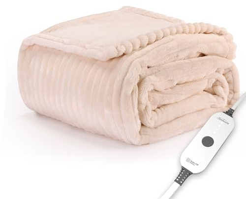 Sunbeam Electric Throw Royal Posh Velvet Heated Blanket, 4 Heat Settings, 4-Hour Auto Shut-Off, Fast Heating, Lush, Silky, and Ultra Comfy, Ribbed Champagne Color, 50 x 60
