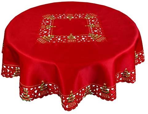 Grelucgo Bestickte Weihnachts-Tischdecke mit Stechpalmen-Baum-Motiv, 132 cm, runde Tischdecke