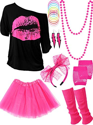 Ensemble d'accessoires de costume des années 80 pour femme, t-shirt imprimé motif lèvres, jupe tutu, bandeau en dentelle, boucles d'oreilles fluo, collier, jambières, gants en résille, bracelet (rose,
