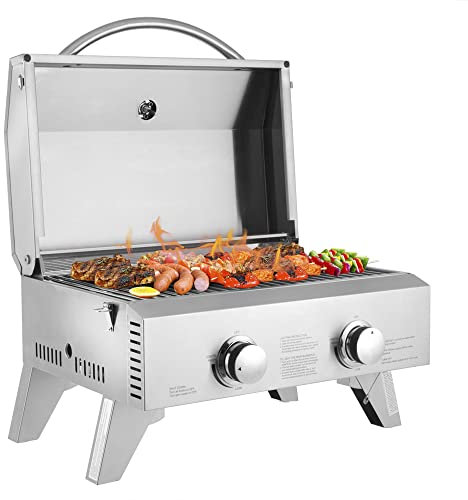 ROVSUN 3 Burner Portable Gas Grill, 30000 BTU Outdoor Tabletop Propane Grill with Ignition, Built-in Thermometer & Full Stainless Steel Body for Patio Garden Backyard Camping BBQ Picnic