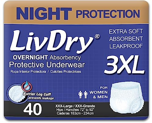 LivDry 3XL Overnight Adult Diapers for Women and Men, XXXL Incontinence Underwear, 72”-92 Waist, Disposable Pull-On Briefs, XXX-Large, 40 Count
