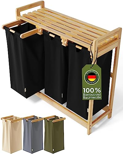 AMBIAVO® Wäschekorb 3 Fächer [schwarz, 100% Baumwolle, Bambus, 90 l Volumen] | Wäschesammler für Schmutzwäsche| Wäsche Sortiersystem | Wäschesortierer Holz | Wäschebox | laundry baskets