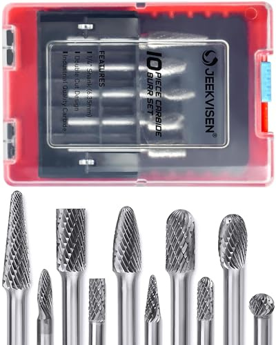 JEEKVISEN Tungsten Carbide Burr Set 1/4 Shank 10Pcs Die Grinder Bits - Double Cut Rotary Burr for Metal Deburring, Finishing, Carving, Grinding, Polishing, Engraving, Drilling