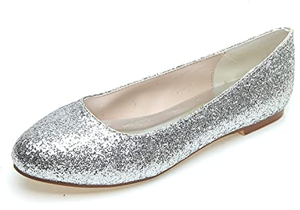 WeFloHsL Donna Punta Chiusa Ballerine Glitter Scintillanti Scarpe da Sposa Basse 9872-03,Argento,44 EU
