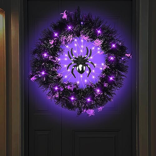 Corona de Puerta de Halloween con Luces, Corona Artificial de araña Decorativa de Halloween con Luces moradas, Decoraciones de Halloween al Aire Libre, Interior, para Pared, Decoration LED Luminoso