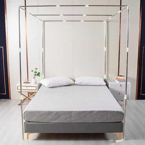 RAREFTI Marco de cama con dosel, tamaño matrimonial, Queen y King, postes ajustables de poste de toldo de cama de acero inoxidable para cama de cuatro esquinas, plataforma de cama, litera, plata (solo
