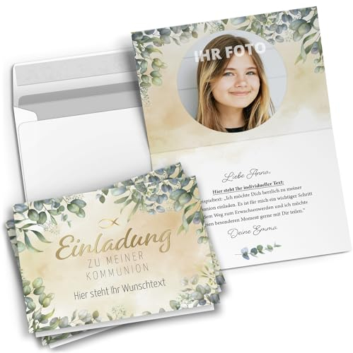 10 personalisierte Kommunion Einladungskarten mit eigenem Text und Foto - Eukalyptus Modern - Einladungen zur Kommunion mit Umschlägen Jungen und Mädchen