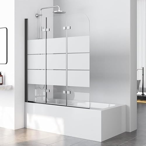 WOWINNE Duschwand für Badewanne Gestreift, Duschwand 140x140cm Badewannenaufsatz Duschwand Gestreift Schwarz 3-teilig Faltbar Duschabtrennung Badewanne mit 6mm NANO ESG-Glas