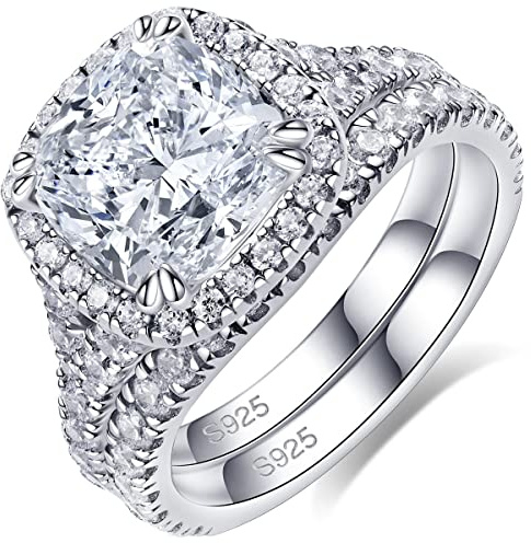Bo.Dream Split Shank Wedding Rings Sets For Women 3ct Cushion Cut Cubic Zirconia 925 Sterling Silver Size 6.5