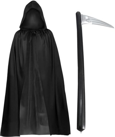 FUIPVGI 2 Pièces Costume de Faucheuse,Cape à Capuche Noire de 140 cm deLlong, Faucille Gonflable,Costumes de Faucheuse d'horreur Mystérieuse pour Halloween Enfants et Adultes fête d'Halloween (2 PCS)