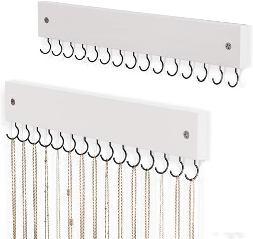 Lolalet Hanging Jewelry Organizer with 15 Hooks, Wooden Necklaces Hanger Easy Install Wall Mount Necklace Holder for Bracelets Earrings -2 Set, White