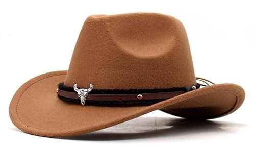Unisex Western Cowboy Hat, Faux Fur Felt Cowgirl Hats Hats Outdoor Wide Brim Rodeo Hat with Strap, khaki