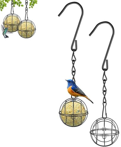 2 Pcs Fat Ball Bird Feeders, Hanging Bird Feeder Metal Fat Ball Bird Holder with 2 S-shaped hooks for Outdoor Garden Wildlife Birds Finch Sparrow Robin