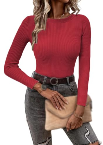 Camisas básicas de manga larga con cuello redondo para mujer, de punto acanalado, ajustadas, camiseta básica 2024, camiseta casual, 06., L