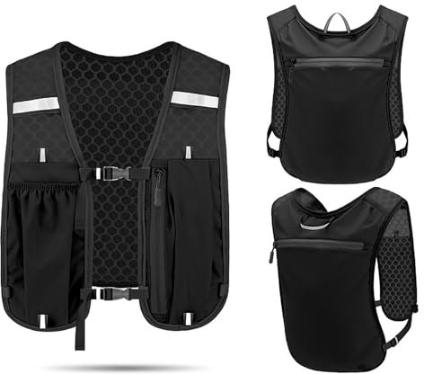 Uni Laufweste mit Handyhalterung & Aufbewahrung, verstellbare Trinkweste, leicht und atmungsaktiv, Laufrucksack zum Laufen, Radfahren, Wandern (schwarz, Einheitsgröße)