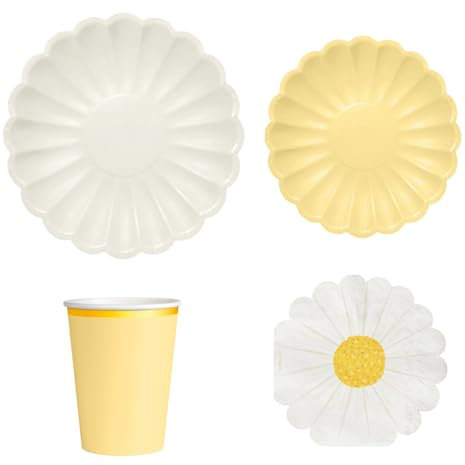 OH YEAH - Set Vajilla Desechable Fiesta 6 Personas Margarita - Vasos Cartón 270 cc + Platos Cartón Ø18 y Ø23 cm + Servilletas Papel - Menaje para Cumpleaños y Eventos - FIESTA COLOR FLORAL