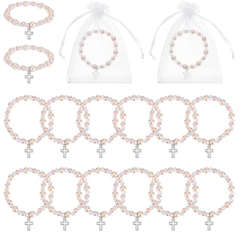 PH PandaHall Confezione da 6 braccialetti con perle per battesimo con ciondolo a croce, braccialetto con perline di vetro e croce, set regalo di gioielli elastici per donne, figlioccia, battesimo