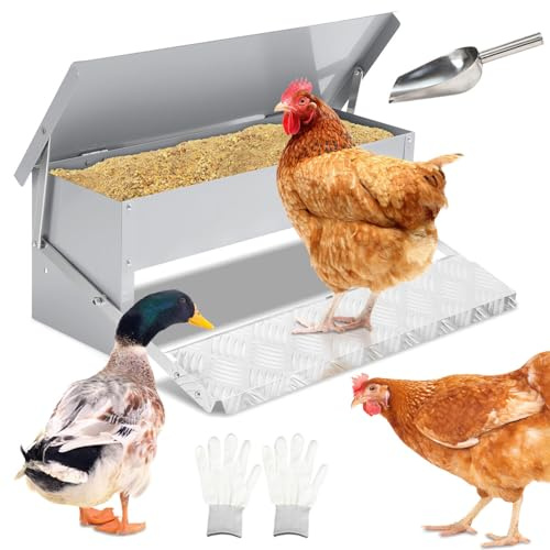 Peviasot Futterautomat, Futtertrog mit Automatisches Pedal und Wasserfest Decke, 1X Hühnerfutterautomat, 5KG Automatischer Futterautomat mit Mäuseschutz (Handschuhe + Edelstahllöffel), Verzinkt