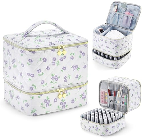 CTWWFS Nail Polish Organizer and Nail Lamp Case, Nail Kit Organizer Holds 30 Bottles (15ml - 0.5 fl.oz) and a Nail Lamp, Nail Polish Carrying Case with Manicure Tools Storage Sections (Purple Flower)