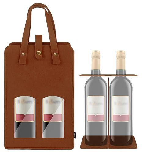 Kingshion Felt 2 Wine Bottle Carrier Bag with and Visual Window and Handle, Travel 2 Compartments Bottle Wine Carry Bag (Khaki)