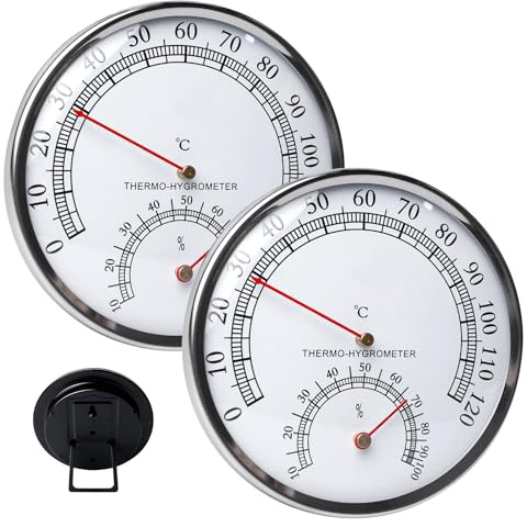 Bastustermometer hygrometer 2-i-1, bastutermometer, bastuhygrometer, luftfuktighetsmätare, hygrometer analog Ø 12,5 cm med hölje av rostfritt stål, inget batteribehov