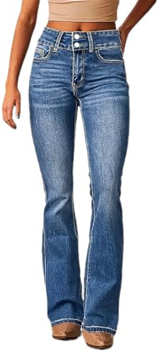 Bootcut-jeans för damer, trendiga jeans med knappgylf och hög midja, utsvängda jeans, stretchiga jeans, åtsittande jeans med rumplyft, smal passform, denimbyxor med fickor
