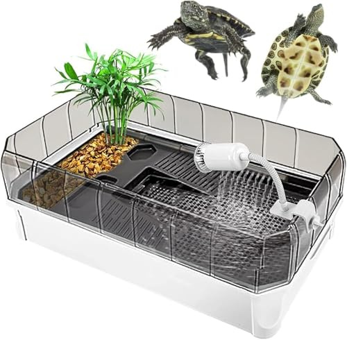 Sköldpaddslivsmiljö med baskningsplattform – multi-zoner akvarium för utfodring, avel och viloläge, inkluderar filter och växter, enkelt underhåll