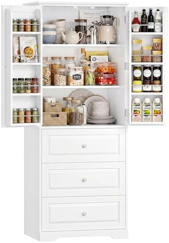 FOREHILL Küchenschrank Vorratsschrank Buffetschrank mit 3 Schubladen, 8 Türregalen und 2 Türen, Mehrzweckschrank für Küche, Esszimmer, Badezimmer und Wohnzimmer, 60x40x150cm, Weiß