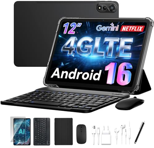 2026 Tablette 12 Pouces, Android 16 Tactile Tablet avec Clavier,4G LTE