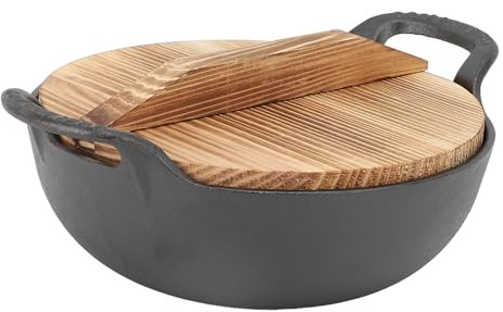 Hidyliu Gjutjärnswok med Trälock för Autentisk Wokning i Asiatisk Mat, Obelagd Platt Bas, 1 Enhet (25 cm)