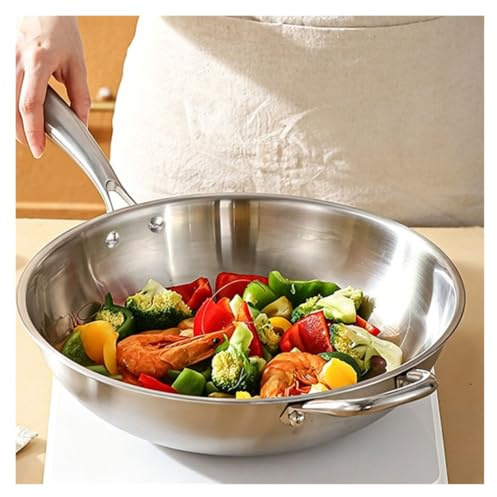 Specialwok Med Öppen Eld, Wok I Tjockt Rostfritt Stål, Universalpanna Platt Botten For Västerländsk Och Kinesisk Mat(32cm)