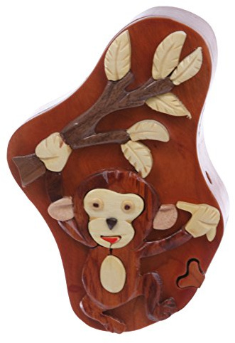Handcrafted Wooden Monkey & Tree Shape Secret Jewelry Puzzle Box - Monkey