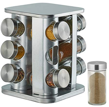 Relaxdays Gewürzkarussell mit 12 Gewürzgläsern, 360° drehbar, Edelstahl, Glas, Gewürzregal HxD 22 x 19 cm, eckig, silber 10032727