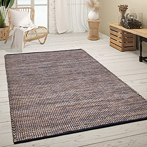 Paco Home Teppich Wohnzimmer Kurzflor Jute Handgewebt Meliertes Ethno Muster Naturfaser, Grösse:80x150 cm, Farbe:Blau