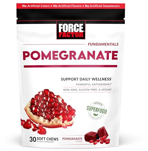 Force Factor Pomegranate Soft Chews for Healthy Aging, Heart Health, Bone Health, & Brain Health, Superfood & Antioxidants Supplement, Non-GMO, Gluten-Free, Vegan, Pomegranate Flavor, 30 Soft Chews
