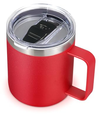 Volhoply Tazza da caffè isolata in acciaio inox da 400 ml, con coperchio a tenuta stagna, a doppia parete, da viaggio, con manico, riutilizzabile, in metallo, per campeggio, mantiene caldo e freddo,