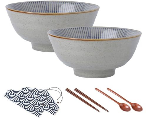 2er Set Ramenschüssel aus Keramik - Japanische Nudelschüsseln mit Stäbchen & Löffel für Ramen Suppe Pasta Obstsalat Reiskost - 1100 ml, 20cm groß - Einweihungsgeschenke für das neue Zuhause