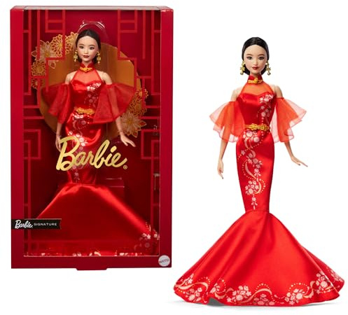 Barbie Poupée Barbie Nouvel an Chinois, avec Robe Chinoise à imprimé Fleur de Prunier et Accessoires dorés, Collection Barbie Signature, JBJ11